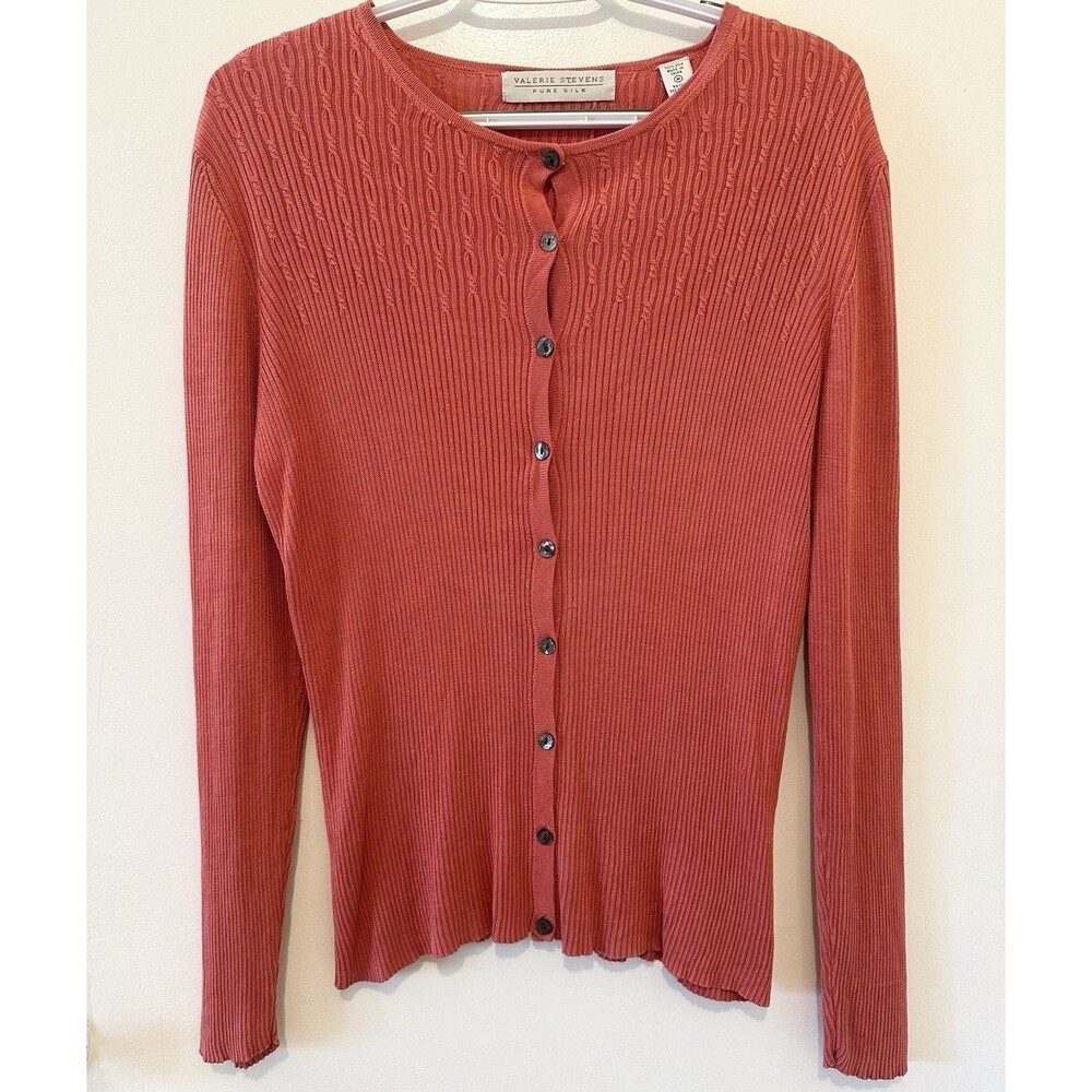 Valerie Stevens Pure Silk Button Front Cardigan Sweater Medium Salmon Pink